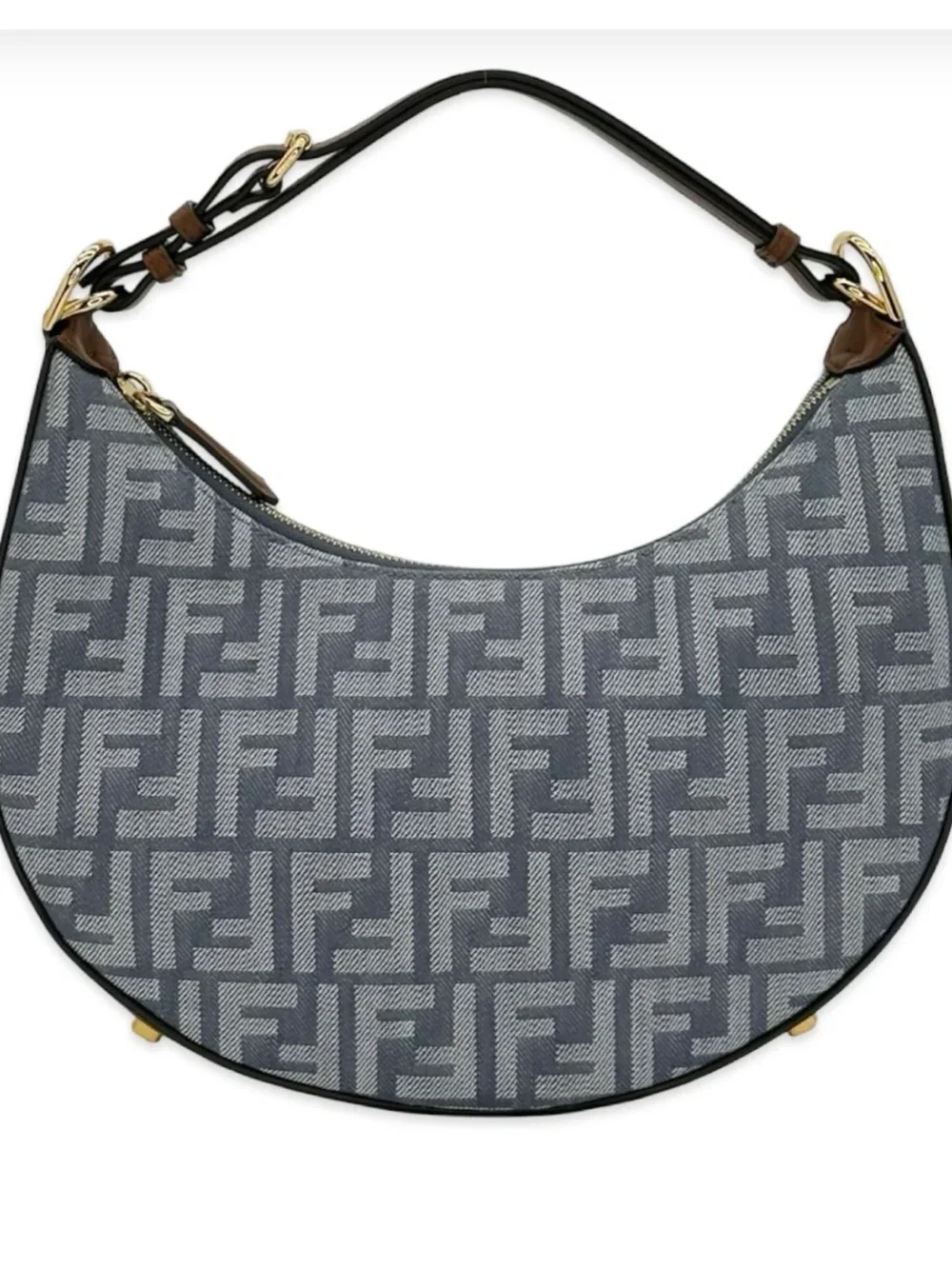 Fendi Blue denim FF Monogram Crescent Shoulder Bag with Leather Trim NWT